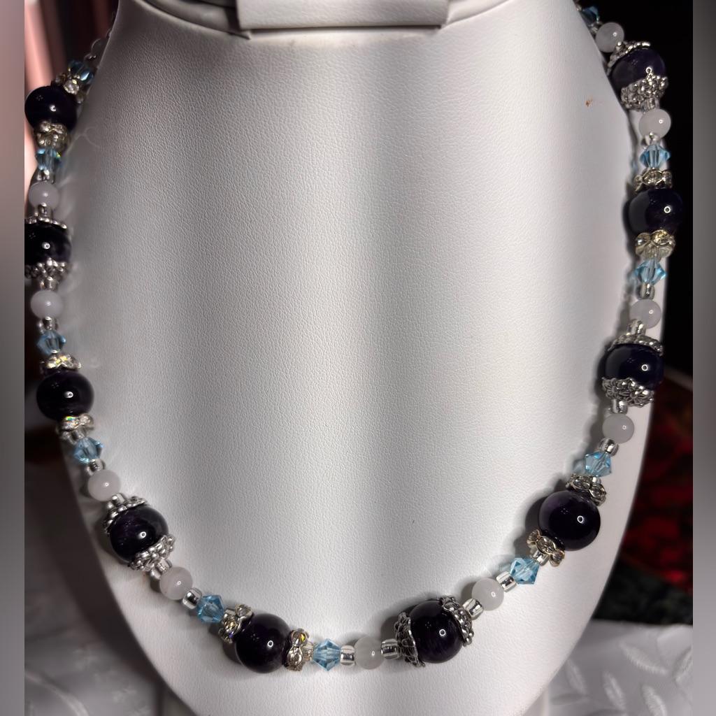 Handmade Amethyst Necklace With White Jade Blue Crystals And Rhinestones 19.5 In